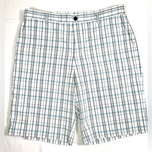 ADIDAS Men’s Flat Front Shorts Blue Gray Plaid Casual Size 35 Athleisure Golf